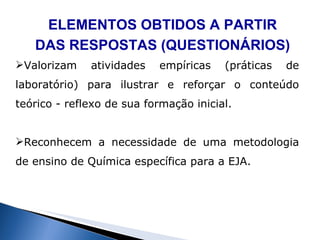 ELEMENTOS OBTIDOS A PARTIR DAS RESPOSTAS (QUESTIONÁRIOS) Valorizam atividades empíricas (práticas de laboratório) para ilustrar e reforçar o conteúdo teórico - reflexo de sua formação inicial. Reconhecem a necessidade de uma metodologia de ensino de Química específica para a EJA. 