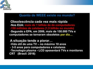 Quanto de WEEE existe no mundo?
•Obsolescência cada vez mais rápida
-Nos EUA: mais de 1 bilhão de de computadores
-150 milhões de celulares (1,5 bilhão no mundo)
-Segundo a EPA, em 2006, mais de 150.000 TVs e
computadores se tornaram obsoletos por dia…

A situação tende a piorar…
-Vida útil de uma TV – no máximo 10 anos
- 3-5 anos para computadores e celulares
-Tecnologia plasma - LCD aposentará TVs e monitores
CRT (Brasil: 2016)
 