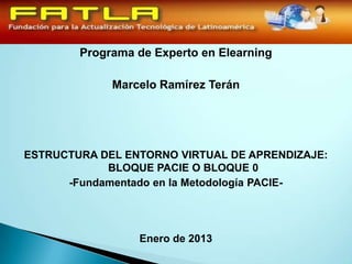 Programa de Experto en Elearning

             Marcelo Ramírez Terán




ESTRUCTURA DEL ENTORNO VIRTUAL DE APRENDIZAJE:
            BLOQUE PACIE O BLOQUE 0
      -Fundamentado en la Metodología PACIE-




                 Enero de 2013
 