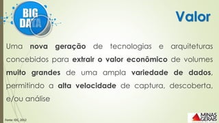 Uma nova geração de tecnologias e arquiteturas
concebidos para extrair o valor econômico de volumes
muito grandes de uma ampla variedade de dados,
permitindo a alta velocidade de captura, descoberta,
e/ou análise
Valor
Fonte: IDC, 2012
 