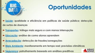  Saúde: qualidade e eficiência em políticas de saúde pública; detecção
de surtos de doenças
 Transportes: tráfego mais seguro e com menos interrupção
 Educação: análise de como alunos aprendem
 Arrecadação: detecção de fraudes/sonegações
 Meio Ambiente: monitoramento em tempo real; previsões climáticas
 Segurança: patrulhamento baseado em análises preditivas
Oportunidades
 