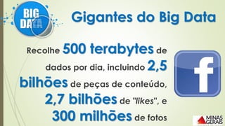 Recolhe 500 terabytes de
dados por dia, incluindo 2,5
bilhões de peças de conteúdo,
2,7 bilhões de "likes", e
300 milhões de fotos
Gigantes do Big Data
 