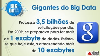 Processa 3,5 bilhões de
solicitações por dia.
Em 2009, se preparava para ter mais
de 1 exabyte de dados. Estima-
se que hoje esteja armazenando mais
de 10 exabytes
Gigantes do Big Data
 