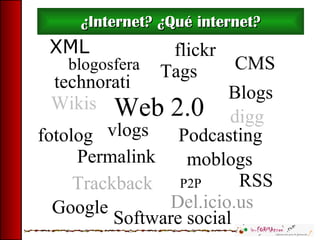 ¿Internet? ¿Qué internet? Software social XML Wikis digg RSS Blogs Podcasting moblogs P2P Del.icio.us Google Web 2.0 flickr vlogs technorati blogosfera Trackback Permalink Tags fotolog CMS 