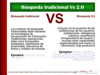 Búsqueda tradicional Vs 2.0 Búsqueda tradicional Los motores de búsqueda tradicionales están basados en tecnologías de recuperación de información. Implementan operaciones tales como búsquedas booleanas, operadores de proximidad, relevancia de textos y análisis de enlaces Ejemplos:   Google ,  Yahoo ,  MSN ,  Ask . Búsqueda 2.0 Incluyen en la ecuación de las preferencias de los usuarios: colaboración, inteligencia colectiva, experiencia enriquecedora de usuario y muchas otras capacidades especializadas que hacen la información más productiva Ejemplos:   Swicki   ,  Rollyo   ,  Clusty   ,  Wink   ,  Lexxe   ,  Gravee  ,  Jookster  ,  Krugle  ,  LivePlasma  ,  Qube ,  ZoomInfo   VS 