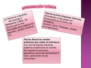 Teorías Reactivas (medio
ambiente que rodea el individuo)
A su vez las teorías reactivas
podemos clasificarlas en teorías
del Impulso (frustración-
agresión)y teoría del Aprendizaje S
ocial. (activación de las
emociones)
 