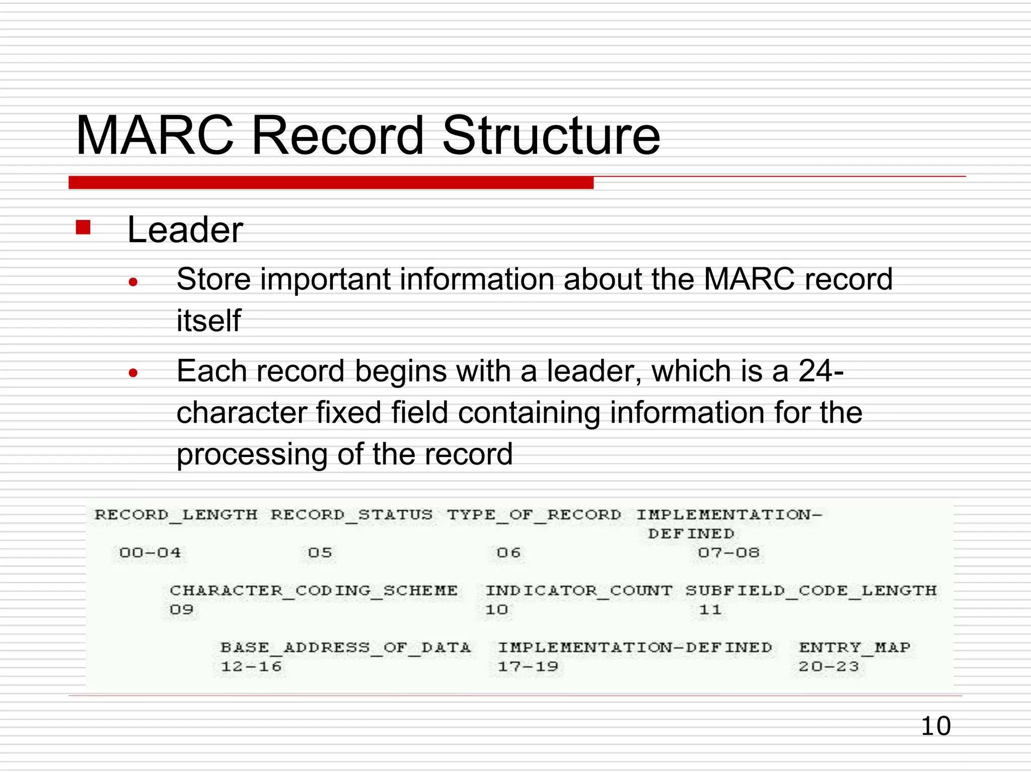 MARC Record Structure
 Leader
●
●
Store important information about the MARC record
itself
Each record begins with a leader, which is a 24-
character fixed field containing information for the
processing of the record
10
 