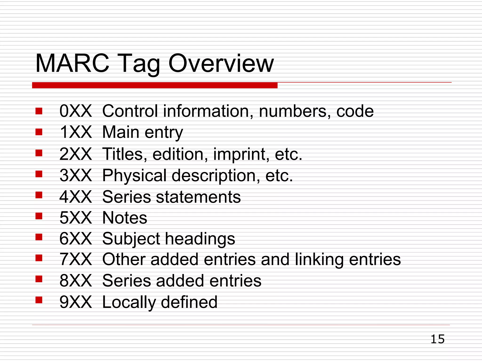 MARC Tag Overview
15










0XX Control information, numbers, code
1XX Main entry
2XX Titles, edition, imprint, etc.
3XX Physical description, etc.
4XX Series statements
5XX Notes
6XX Subject headings
7XX Other added entries and linking entries
8XX Series added entries
9XX Locally defined
 