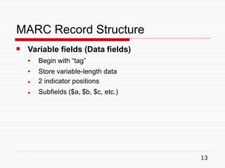 MARC Record Structure
13
 Variable fields (Data fields)
●
●
●
●
Begin with “tag”
Store variable-length data
2 indicator positions
Subfields ($a, $b, $c, etc.)
 