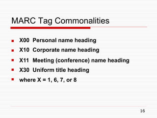 MARC Tag Commonalities
16





X00 Personal name heading
X10 Corporate name heading
X11 Meeting (conference) name heading
X30 Uniform title heading
where X = 1, 6, 7, or 8
 