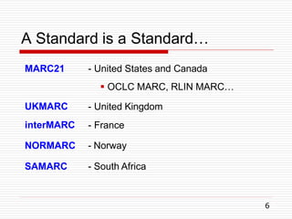 A Standard is a Standard…
6
MARC21
UKMARC
interMARC
NORMARC - Norway
SAMARC - South Africa
- United States and Canada
 OCLC MARC, RLIN MARC…
- United Kingdom
- France
 