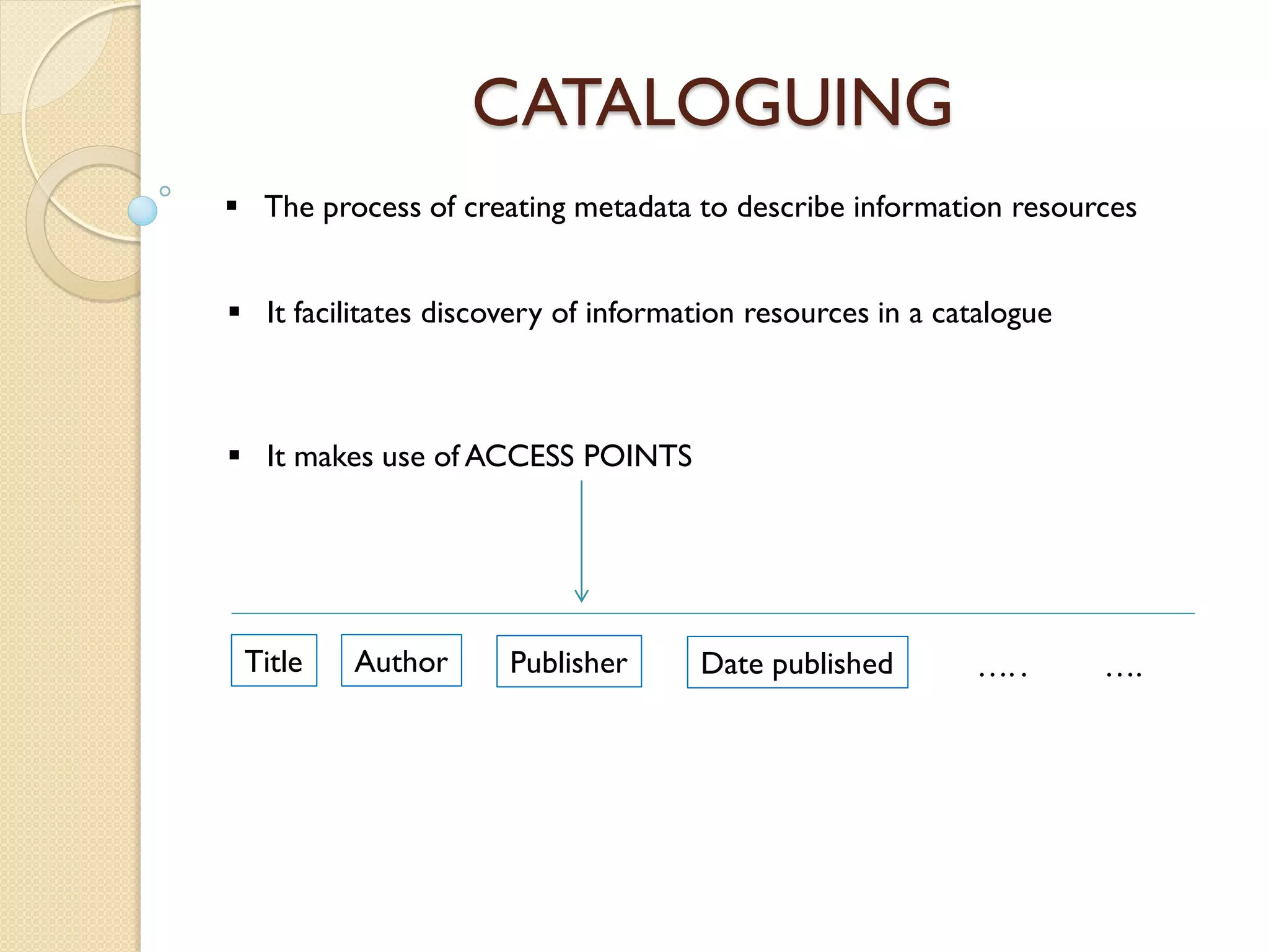 CATALOGUING
 The process of creating metadata to describe information resources
 It facilitates discovery of information resources in a catalogue
 It makes use of ACCESS POINTS
Title Author Publisher Date published …. . ….
 