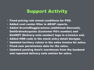 Support Activity
• Fixed pricing rule mixed conditions for POS.
• Added cost center filter in AR/AP reports.
• Added ScontoMaggiorazione (additional discount),
DatiOrdineAcquisto (Customer PO’s number) and
DatiDDT (Delivery note number) tags in e-invoice xml.
• Added HSN code in the stock entry detail doctype.
• Updated territory values in the sales invoice for selco.
• Fixed user permissions data for the selco.
• Updated packing item’s warehouse from the backend
and reposted delivery note entries for selco.
 