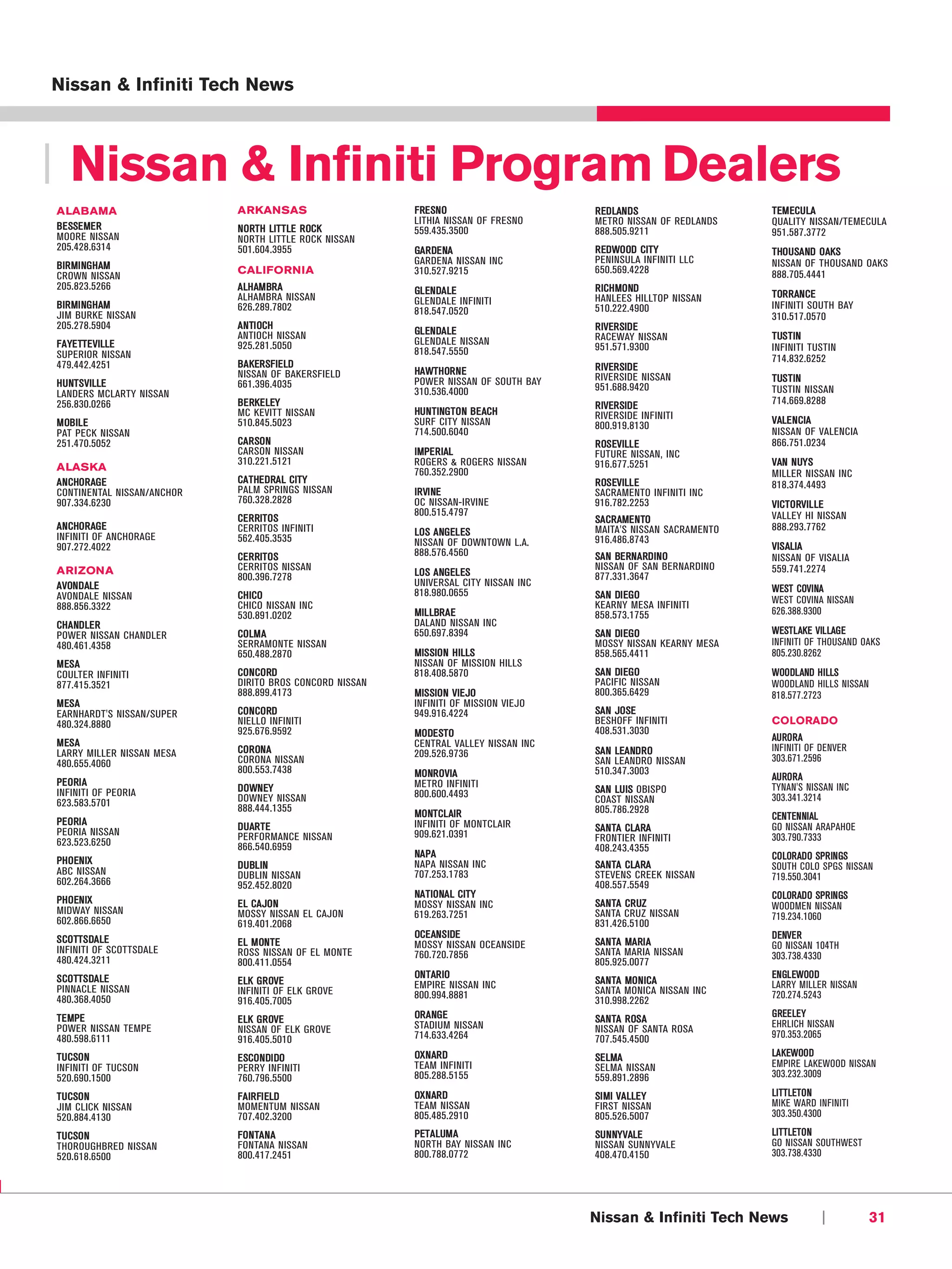 Nissan & Infiniti Tech News



| Nissan & Infiniti Program Dealers
A LA B A M A                A RK ANS AS                  F RE SN O                   R ED L AN D S               T EM EC U L A
                                                         LITHIA NISSAN OF FRESNO     METRO NISSAN OF REDLANDS    QUALITY NISSAN/TEMECULA
B E SSE ME R                N O RT H LIT T LE R OCK      559.435.3500                888.505.9211
MOORE NISSAN                                                                                                     951.587.3772
                            NORTH LITTLE ROCK NISSAN
205.428.6314                501.604.3955                 GA R DE NA                  R ED WO OD CIT Y            T HO U SA ND O AKS
                                                         GARDENA NISSAN INC          PENINSULA INFINITI LLC      NISSAN OF THOUSAND OAKS
B IR MI NG H AM             C A L IF O R N I A                                       650.569.4228
CROWN NISSAN                                             310.527.9215                                            888.705.4441
205.823.5266                A LH AM BR A                 GL EN DA LE                 R ICH MO ND
                            ALHAMBRA NISSAN                                          HANLEES HILLTOP NISSAN      T OR R AN CE
B IR MI NG H AM                                          GLENDALE INFINITI                                       INFINITI SOUTH BAY
                            626.289.7802                 818.547.0520                510.222.4900
JIM BURKE NISSAN                                                                                                 310.517.0570
205.278.5904                A N TI OCH                                               R I V ER SI D E
                            ANTIOCH NISSAN               GL EN DA LE                                             T US T IN
                                                         GLENDALE NISSAN             RACEWAY NISSAN
F A YE TT E V ILLE          925.281.5050                                             951.571.9300                INFINITI TUSTIN
SUPERIOR NISSAN                                          818.547.5550
                                                                                                                 714.832.6252
479.442.4251                B A K ER SF I E L D                                      R I V ER SI D E
                            NISSAN OF BAKERSFIELD        HA WT H OR N E
                                                         POWER NISSAN OF SOUTH BAY   RIVERSIDE NISSAN            T US T IN
H U NT S V ILLE             661.396.4035                                             951.688.9420
LANDERS MCLARTY NISSAN                                   310.536.4000                                            TUSTIN NISSAN
256.830.0266                B E RKE LEY                                              R I V ER SI D E             714.669.8288
                            MC KEVITT NISSAN             HU N T ING T O N B E ACH    RIVERSIDE INFINITI
M OB IL E                   510.845.5023                 SURF CITY NISSAN                                        V AL E N C I A
                                                                                     800.919.8130
PAT PECK NISSAN                                          714.500.6040                                            NISSAN OF VALENCIA
251.470.5052                C A R SO N                                               R OS EV ILL E               866.751.0234
                            CARSON NISSAN                I MP E R I AL               FUTURE NISSAN, INC
                            310.221.5121                 ROGERS & ROGERS NISSAN      916.677.5251                V AN N UY S
A LA S K A                                               760.352.2900                                            MILLER NISSAN INC
A N CHO R AG E              CA T HE D RA L CIT Y                                     R OS EV ILL E               818.374.4493
CONTINENTAL NISSAN/ANCHOR   PALM SPRINGS NISSAN          IR VI NE                    SACRAMENTO INFINITI INC
907.334.6230                760.328.2828                 OC NISSAN-IRVINE            916.782.2253                V ICT O RV IL LE
                                                         800.515.4797                                            VALLEY HI NISSAN
                            CE R RIT O S                                             SA CR AME N TO
A N CHO R AG E              CERRITOS INFINITI                                        MAITA'S NISSAN SACRAMENTO   888.293.7762
INFINITI OF ANCHORAGE                                    LO S A NG EL ES
                            562.405.3535                 NISSAN OF DOWNTOWN L.A.     916.486.8743
907.272.4022                                                                                                     V I S AL I A
                            CE R RIT O S                 888.576.4560                SA N BE RN A RD IN O        NISSAN OF VISALIA
A R I Z ON A                CERRITOS NISSAN                                          NISSAN OF SAN BERNARDINO    559.741.2274
                            800.396.7278                 LO S A NG EL ES             877.331.3647
A V ON D ALE                                             UNIVERSAL CITY NISSAN INC
                                                         818.980.0655                                            W E S T C OV I NA
AVONDALE NISSAN             C H IC O                                                 SA N DI EG O                WEST COVINA NISSAN
888.856.3322                CHICO NISSAN INC                                         KEARNY MESA INFINITI
                            530.891.0202                 MIL LBR A E                 858.573.1755                626.388.9300
CH A ND LE R                                             DALAND NISSAN INC
POWER NISSAN CHANDLER       CO LM A                      650.697.8394                SA N DI EG O                W EST L AKE V IL LAG E
480.461.4358                SERRAMONTE NISSAN                                        MOSSY NISSAN KEARNY MESA    INFINITI OF THOUSAND OAKS
                            650.488.2870                 MI S SI O N H I L L S       858.565.4411                805.230.8262
M ES A                                                   NISSAN OF MISSION HILLS
COULTER INFINITI            CO N CO RD                   818.408.5870                SA N DI EG O                W OO DL A ND H I L L S
877.415.3521                DIRITO BROS CONCORD NISSAN                               PACIFIC NISSAN              WOODLAND HILLS NISSAN
                            888.899.4173                 MI S SI O N V I E JO        800.365.6429                818.577.2723
M ES A                                                   INFINITI OF MISSION VIEJO
EARNHARDT'S NISSAN/SUPER    CO N CO RD                   949.916.4224                SA N JO SE
480.324.8880                NIELLO INFINITI                                          BESHOFF INFINITI            C O L O RA D O
                            925.676.9592                 MO DE ST O                  408.531.3030
                                                                                                                 A U RO R A
M ES A                                                   CENTRAL VALLEY NISSAN INC                               INFINITI OF DENVER
LARRY MILLER NISSAN MESA    CO R ON A                    209.526.9736                SA N LEA ND R O
                            CORONA NISSAN                                            SAN LEANDRO NISSAN          303.671.2596
480.655.4060
                            800.553.7438                 MO NR O V IA                510.347.3003
                                                                                                                 A U RO R A
PE O RI A                                                METRO INFINITI                                          TYNAN'S NISSAN INC
INFINITI OF PEORIA          D O W N EY                                               SA N LU IS OBISPO
                            DOWNEY NISSAN                800.600.4493                                            303.341.3214
623.583.5701                                                                         COAST NISSAN
                            888.444.1355                                             805.786.2928
                                                         MO NT CL AIR                                            C E N T E N NI A L
PE O RI A                   D U AR T E                   INFINITI OF MONTCLAIR
PEORIA NISSAN                                                                        SA N TA CLA RA              GO NISSAN ARAPAHOE
                            PERFORMANCE NISSAN           909.621.0391                FRONTIER INFINITI           303.790.7333
623.523.6250                866.540.6959                                             408.243.4355
                                                         NA PA                                                   CO LOR AD O SPR IN GS
P H O EN I X                D U BL IN                    NAPA NISSAN INC             SA N TA CLA RA
ABC NISSAN                                                                                                       SOUTH COLO SPGS NISSAN
                            DUBLIN NISSAN                707.253.1783                STEVENS CREEK NISSAN        719.550.3041
602.264.3666                952.452.8020                                             408.557.5549
                                                         NA T IO NA L CIT Y                                      CO LOR AD O SPR IN GS
P H O EN I X                E L C A JO N                 MOSSY NISSAN INC            SA N TA CR UZ
MIDWAY NISSAN                                                                                                    WOODMEN NISSAN
                            MOSSY NISSAN EL CAJON        619.263.7251                SANTA CRUZ NISSAN           719.234.1060
602.866.6650                619.401.2068                                             831.426.5100
S CO TT S DA LE                                          OCE AN S IDE                                            D E NV E R
                            E L M ON T E                 MOSSY NISSAN OCEANSIDE      SA N TA MA RI A             GO NISSAN 104TH
INFINITI OF SCOTTSDALE      ROSS NISSAN OF EL MONTE      760.720.7856                SANTA MARIA NISSAN
480.424.3211                                                                                                     303.738.4330
                            800.411.0554                                             805.925.0077
S CO TT S DA LE                                          ON T AR IO                                              E N GL E W OO D
                            E LK G R OV E                EMPIRE NISSAN INC           SA N TA MO N ICA            LARRY MILLER NISSAN
PINNACLE NISSAN             INFINITI OF ELK GROVE                                    SANTA MONICA NISSAN INC
480.368.4050                                             800.994.8881                                            720.274.5243
                            916.405.7005                                             310.998.2262
T E MP E                                                 OR A NG E                                               G RE E L E Y
                            E LK G R OV E                                            SA N TA R OS A              EHRLICH NISSAN
POWER NISSAN TEMPE          NISSAN OF ELK GROVE          STADIUM NISSAN              NISSAN OF SANTA ROSA
480.598.6111                916.405.5010                 714.633.4264                707.545.4500                970.353.2065

T U C SO N                  E SCO N DI DO                OX N AR D                   SE L MA                     L A K E W OO D
INFINITI OF TUCSON          PERRY INFINITI               TEAM INFINITI               SELMA NISSAN                EMPIRE LAKEWOOD NISSAN
520.690.1500                760.796.5500                 805.288.5155                559.891.2896                303.232.3009

T U C SO N                  F A IR FI ELD                OX N AR D                   SI MI V A L L E Y           L I T T L ET O N
JIM CLICK NISSAN            MOMENTUM NISSAN              TEAM NISSAN                 FIRST NISSAN                MIKE WARD INFINITI
520.884.4130                707.402.3200                 805.485.2910                805.526.5007                303.350.4300

T U C SO N                  F O N TA N A                 PET A LUM A                 SU N NY V ALE               L I T T L ET O N
THOROUGHBRED NISSAN         FONTANA NISSAN               NORTH BAY NISSAN INC        NISSAN SUNNYVALE            GO NISSAN SOUTHWEST
520.618.6500                800.417.2451                 800.788.0772                408.470.4150                303.738.4330




                                                                                     Nissan & Infiniti Tech News              |           31
 