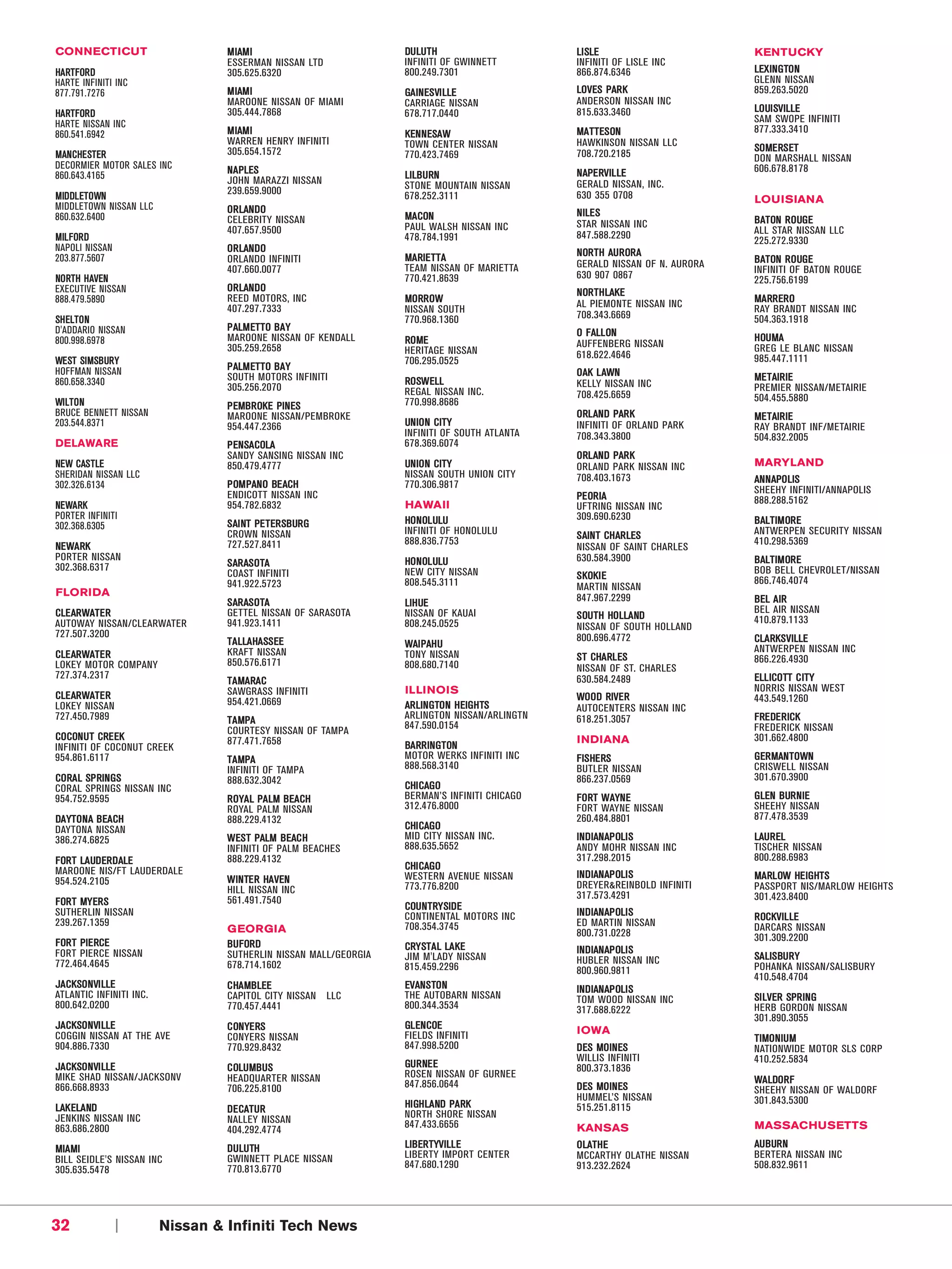 CO N N E CT I CU T                M I AM I                          DU LU T H                   L I SL E                     K EN T U C K Y
                                  ESSERMAN NISSAN LTD               INFINITI OF GWINNETT        INFINITI OF LISLE INC
HA RT F OR D                      305.625.6320                      800.249.7301                866.874.6346                 LEX IN G TO N
HARTE INFINITI INC                                                                                                           GLENN NISSAN
877.791.7276                      M I AM I                          GA IN ES VI LLE             L O V ES P AR K              859.263.5020
                                  MAROONE NISSAN OF MIAMI           CARRIAGE NISSAN             ANDERSON NISSAN INC
HA RT F OR D                      305.444.7868                      678.717.0440                815.633.3460                 LO UI SV ILLE
HARTE NISSAN INC                                                                                                             SAM SWOPE INFINITI
860.541.6942                      M I AM I                          K EN N ESA W                MA T T ES ON                 877.333.3410
                                  WARREN HENRY INFINITI             TOWN CENTER NISSAN          HAWKINSON NISSAN LLC
                                  305.654.1572                                                                               SO ME RS ET
M A N C HE S T E R                                                  770.423.7469                708.720.2185                 DON MARSHALL NISSAN
DECORMIER MOTOR SALES INC         N A P L ES                                                                                 606.678.8178
860.643.4165                                                        LILB U RN                   N APE RV IL LE
                                  JOHN MARAZZI NISSAN               STONE MOUNTAIN NISSAN       GERALD NISSAN, INC.
                                  239.659.9000                      678.252.3111                630 355 0708
MID DL ET O WN                                                                                                               L O U I S IA N A
MIDDLETOWN NISSAN LLC             O R L AN D O
860.632.6400                                                        MA CON                      N ILE S
                                  CELEBRITY NISSAN                                              STAR NISSAN INC              B AT ON R O UG E
                                  407.657.9500                      PAUL WALSH NISSAN INC                                    ALL STAR NISSAN LLC
MIL F OR D                                                          478.784.1991                847.588.2290
                                                                                                                             225.272.9330
NAPOLI NISSAN                     O R L AN D O                                                  N OR T H AU R OR A
203.877.5607                      ORLANDO INFINITI                  MA RIE T T A                                             B AT ON R O UG E
                                                                    TEAM NISSAN OF MARIETTA     GERALD NISSAN OF N. AURORA
                                  407.660.0077                                                                               INFINITI OF BATON ROUGE
NO RT H H A V E N                                                   770.421.8639                630 907 0867                 225.756.6199
EXECUTIVE NISSAN                  O R L AN D O                                                  N OR T H LAKE
888.479.5890                      REED MOTORS, INC                  MO RR O W                                                MA RR ER O
                                  407.297.7333                                                  AL PIEMONTE NISSAN INC       RAY BRANDT NISSAN INC
                                                                    NISSAN SOUTH
SH EL T O N                                                         770.968.1360                708.343.6669                 504.363.1918
D'ADDARIO NISSAN                  P AL M ET T O B A Y
                                  MAROONE NISSAN OF KENDALL                                     O F ALL ON                   H OU MA
800.998.6978                                                        RO ME                       AUFFENBERG NISSAN
                                  305.259.2658                      HERITAGE NISSAN                                          GREG LE BLANC NISSAN
                                                                                                618.622.4646                 985.447.1111
WE ST SI MSB UR Y                                                   706.295.0525
HOFFMAN NISSAN                    P AL M ET T O B A Y
                                  SOUTH MOTORS INFINITI                                         O AK L AW N                  ME T AI R I E
860.658.3340                                                        RO SW ELL                   KELLY NISSAN INC
                                  305.256.2070                      REGAL NISSAN INC.                                        PREMIER NISSAN/METAIRIE
                                                                                                708.425.6659                 504.455.5880
WI LT O N                         P EMB R OKE PIN ES                770.998.8686
BRUCE BENNETT NISSAN              MAROONE NISSAN/PEMBROKE                                       O RL AN D PAR K              ME T AI R I E
203.544.8371                      954.447.2366                      UN IO N CIT Y               INFINITI OF ORLAND PARK      RAY BRANDT INF/METAIRIE
                                                                    INFINITI OF SOUTH ATLANTA   708.343.3800                 504.832.2005
D E L A WA R E                    P EN SA COLA                      678.369.6074
                                  SANDY SANSING NISSAN INC                                      O RL AN D PAR K
NE W C A S T L E                  850.479.4777                      UN IO N CIT Y               ORLAND PARK NISSAN INC       MARY L AND
SHERIDAN NISSAN LLC                                                 NISSAN SOUTH UNION CITY     708.403.1673                 AN N AP O L I S
302.326.6134                      P OM PAN O BE ACH                 770.306.9817
                                  ENDICOTT NISSAN INC                                                                        SHEEHY INFINITI/ANNAPOLIS
                                                                                                PE OR IA                     888.288.5162
NE WA RK                          954.782.6832                      H A WA I I                  UFTRING NISSAN INC
PORTER INFINITI                                                     HO N OL ULU                 309.690.6230                 B ALT IM OR E
302.368.6305                      S AI NT PE T ER SB UR G
                                  CROWN NISSAN                      INFINITI OF HONOLULU        S AI N T C H AR L ES         ANTWERPEN SECURITY NISSAN
                                  727.527.8411                      888.836.7753                                             410.298.5369
NE WA RK                                                                                        NISSAN OF SAINT CHARLES
PORTER NISSAN                                                       HO N OL ULU                 630.584.3900                 B ALT IM OR E
302.368.6317                      S AR AS O TA
                                  COAST INFINITI                    NEW CITY NISSAN                                          BOB BELL CHEVROLET/NISSAN
                                                                                                S KOKI E                     866.746.4074
                                  941.922.5723                      808.545.3111                MARTIN NISSAN
F LO R I D A
                                  S AR AS O TA                      LIH UE                      847.967.2299                 B EL A I R
C L E AR W AT E R                 GETTEL NISSAN OF SARASOTA         NISSAN OF KAUAI                                          BEL AIR NISSAN
                                                                                                S OU T H HO LLA ND           410.879.1133
AUTOWAY NISSAN/CLEARWATER         941.923.1411                      808.245.0525                NISSAN OF SOUTH HOLLAND
727.507.3200                                                                                    800.696.4772                 CLA RKS V ILLE
                                  T A LLA HA SS EE                  W AI P AH U
                                  KRAFT NISSAN                                                                               ANTWERPEN NISSAN INC
C L E AR W AT E R                                                   TONY NISSAN                 S T CHA RL ES                866.226.4930
LOKEY MOTOR COMPANY               850.576.6171                      808.680.7140                NISSAN OF ST. CHARLES
727.374.2317                                                                                    630.584.2489                 ELL ICO TT C IT Y
                                  T A MA RA C
                                  SAWGRASS INFINITI                 IL L I N O I S                                           NORRIS NISSAN WEST
C L E AR W AT E R                                                                               WO O D RIV E R               443.549.1260
LOKEY NISSAN                      954.421.0669                      AR LIN G TO N H EIG H TS    AUTOCENTERS NISSAN INC
727.450.7989                      T A MP A                          ARLINGTON NISSAN/ARLINGTN   618.251.3057                 F RE DE R ICK
                                                                    847.590.0154                                             FREDERICK NISSAN
                                  COURTESY NISSAN OF TAMPA
CO CON U T CRE EK                 877.471.7658                                                  I NDI ANA                    301.662.4800
INFINITI OF COCONUT CREEK                                           BA RR IN G T ON
954.861.6117                      T A MP A                          MOTOR WERKS INFINITI INC    F IS HE RS                   G ER MAN T O W N
                                  INFINITI OF TAMPA                 888.568.3140                BUTLER NISSAN                CRISWELL NISSAN
CO RA L SP RIN G S                888.632.3042                                                  866.237.0569                 301.670.3900
CORAL SPRINGS NISSAN INC                                            CHI CAG O
954.752.9595                      R O YA L P A L M B EA C H         BERMAN’S INFINITI CHICAGO   F O RT W AYN E               G LEN B UR N IE
                                  ROYAL PALM NISSAN                 312.476.8000                FORT WAYNE NISSAN            SHEEHY NISSAN
DA YT O N A B EA CH               888.229.4132                                                  260.484.8801                 877.478.3539
DAYTONA NISSAN                                                      CHI CAG O
386.274.6825                      W ES T P AL M B EAC H             MID CITY NISSAN INC.        IN D IAN AP OLI S            L AU R EL
                                  INFINITI OF PALM BEACHES          888.635.5652                ANDY MOHR NISSAN INC         TISCHER NISSAN
F OR T LA UD ER D ALE             888.229.4132                                                  317.298.2015                 800.288.6983
MAROONE NIS/FT LAUDERDALE                                           CHI CAG O
                                  W IN TE R HA V EN                 WESTERN AVENUE NISSAN       IN D IAN AP OLI S            MA RL OW HE IG HT S
954.524.2105                                                        773.776.8200                DREYER&REINBOLD INFINITI     PASSPORT NIS/MARLOW HEIGHTS
                                  HILL NISSAN INC
                                  561.491.7540                                                  317.573.4291                 301.423.8400
F OR T MY ER S                                                      COU N T RY SID E
SUTHERLIN NISSAN                                                    CONTINENTAL MOTORS INC      IN D IAN AP OLI S            R OCKV IL LE
239.267.1359                                                        708.354.3745                ED MARTIN NISSAN             DARCARS NISSAN
                                  G EO R G I A                                                  800.731.0228
F OR T PIE RCE                                                                                                               301.309.2200
                                  B U F OR D                        CRY ST A L LA KE
FORT PIERCE NISSAN                SUTHERLIN NISSAN MALL/GEORGIA                                 IN D IAN AP OLI S
                                                                    JIM M'LADY NISSAN           HUBLER NISSAN INC            SA LIS BU R Y
772.464.4645                      678.714.1602                      815.459.2296                                             POHANKA NISSAN/SALISBURY
                                                                                                800.960.9811
                                                                                                                             410.548.4704
JA CKSO N VI LLE                  C HA MB LEE                       EV AN S TO N                IN D IAN AP OLI S
ATLANTIC INFINITI INC.            CAPITOL CITY NISSAN         LLC   THE AUTOBARN NISSAN         TOM WOOD NISSAN INC          SI L V ER SP R I N G
800.642.0200                      770.457.4441                      800.344.3534                317.688.6222                 HERB GORDON NISSAN
                                                                                                                             301.890.3055
JA CKSO N VI LLE                  C ON YE RS                        GL EN COE                   IOWA
COGGIN NISSAN AT THE AVE          CONYERS NISSAN                    FIELDS INFINITI                                          T I MO N I U M
904.886.7330                      770.929.8432                      847.998.5200                D ES MO I N ES               NATIONWIDE MOTOR SLS CORP
                                                                                                WILLIS INFINITI              410.252.5834
JA CKSO N VI LLE                  C OLU MB U S                      GU R NE E                   800.373.1836
MIKE SHAD NISSAN/JACKSONV         HEADQUARTER NISSAN                ROSEN NISSAN OF GURNEE
                                                                    847.856.0644                                             WA LDO R F
866.668.8933                      706.225.8100                                                  D ES MO I N ES               SHEEHY NISSAN OF WALDORF
                                                                                                HUMMEL’S NISSAN              301.843.5300
LAK ELA ND                        D E C AT U R                      HI GH LA ND PA RK           515.251.8115
JENKINS NISSAN INC                                                  NORTH SHORE NISSAN
                                  NALLEY NISSAN                     847.433.6656
863.686.2800                      404.292.4774                                                  K ANS AS                     M A S S A C HU S E T T S

MI A MI                           D U LU TH                         L I B ER T YV I L L E       O L AT H E                   AU B UR N
BILL SEIDLE'S NISSAN INC          GWINNETT PLACE NISSAN             LIBERTY IMPORT CENTER       MCCARTHY OLATHE NISSAN       BERTERA NISSAN INC
                                  770.813.6770                      847.680.1290                913.232.2624                 508.832.9611
305.635.5478




32                  |    Nissan & Infiniti Tech News
 