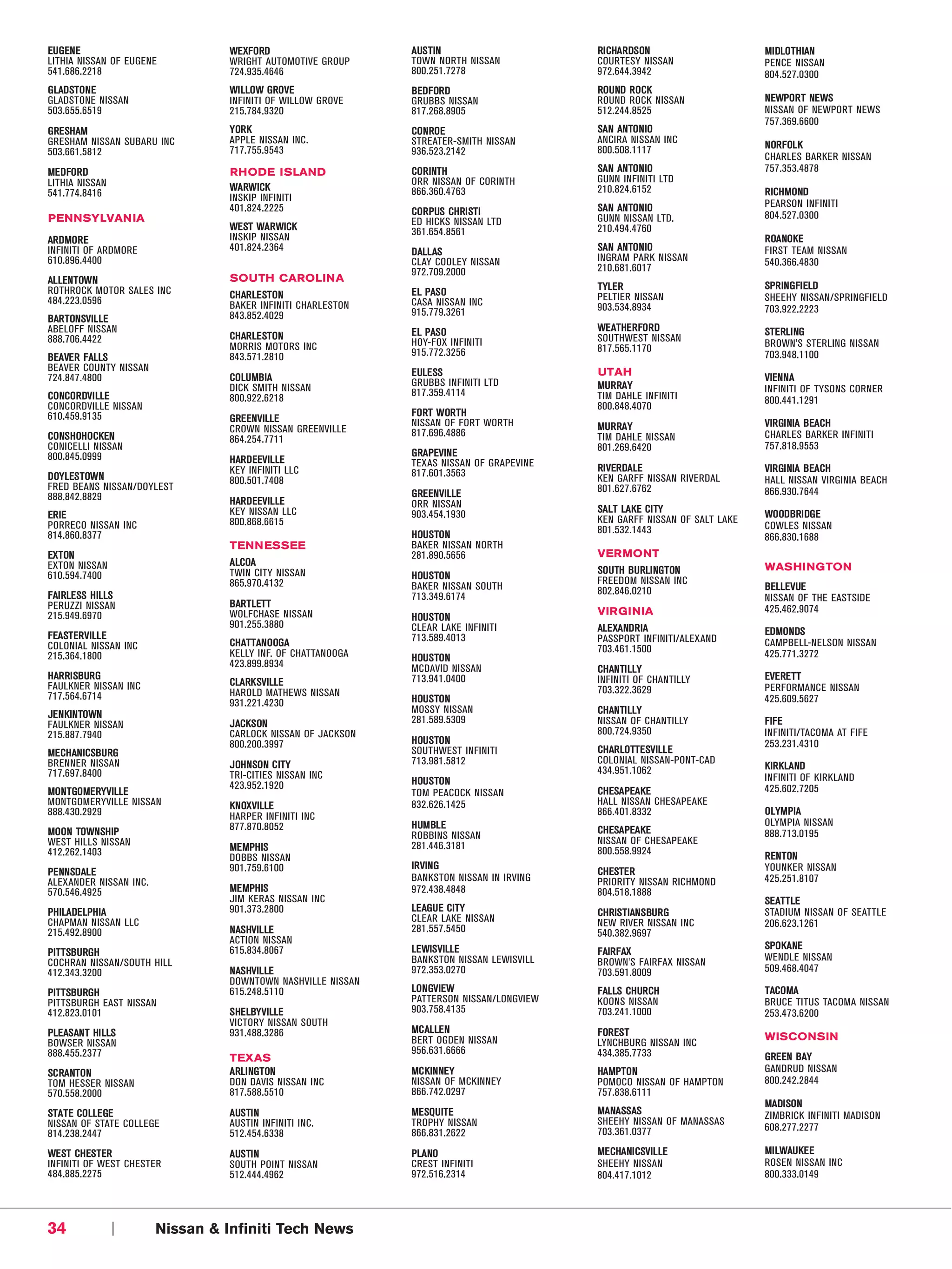 EU G EN E                         WE XF O RD                  A US T IN                   RI CHA R DS ON                  MI DLO T H IAN
LITHIA NISSAN OF EUGENE           WRIGHT AUTOMOTIVE GROUP     TOWN NORTH NISSAN           COURTESY NISSAN                 PENCE NISSAN
541.686.2218                      724.935.4646                800.251.7278                972.644.3942                    804.527.0300
G L AD ST O N E                   WI LLO W G RO V E           B ED F OR D                 RO U ND R O CK
GLADSTONE NISSAN                  INFINITI OF WILLOW GROVE    GRUBBS NISSAN               ROUND ROCK NISSAN               N EWPO R T NE WS
503.655.6519                      215.784.9320                817.268.8905                512.244.8525                    NISSAN OF NEWPORT NEWS
                                                                                                                          757.369.6600
G RE SH AM                        Y OR K                      CO N RO E                   SA N AN TO N IO
GRESHAM NISSAN SUBARU INC         APPLE NISSAN INC.           STREATER-SMITH NISSAN       ANCIRA NISSAN INC
                                                                                          800.508.1117                    N OR F OL K
503.661.5812                      717.755.9543                936.523.2142
                                                                                                                          CHARLES BARKER NISSAN
ME D FO R D                       R H O D E I S LA N D        CO R INT H                  SA N AN TO N IO                 757.353.4878
LITHIA NISSAN                                                 ORR NISSAN OF CORINTH       GUNN INFINITI LTD
                                  WA RW ICK                   866.360.4763                210.824.6152                    R ICH MO ND
541.774.8416                      INSKIP INFINITI
                                  401.824.2225                                            SA N AN TO N IO                 PEARSON INFINITI
                                                              CO R PUS CH RI ST I                                         804.527.0300
P EN N S Y L V A N IA                                         ED HICKS NISSAN LTD         GUNN NISSAN LTD.
                                  W E ST W A R W I C K        361.654.8561                210.494.4760
AR D MO R E                       INSKIP NISSAN                                                                           R OA NO KE
INFINITI OF ARDMORE               401.824.2364                D AL L AS                   SA N AN TO N IO                 FIRST TEAM NISSAN
610.896.4400                                                  CLAY COOLEY NISSAN          INGRAM PARK NISSAN              540.366.4830
                                                              972.709.2000                210.681.6017
AL LEN T OW N                     S O U TH C A R O L IN A
ROTHROCK MOTOR SALES INC                                                                  T YL E R                        SPR IN G FI ELD
                                  C H AR L E ST O N           E L P AS O                  PELTIER NISSAN
484.223.0596                                                  CASA NISSAN INC                                             SHEEHY NISSAN/SPRINGFIELD
                                  BAKER INFINITI CHARLESTON                               903.534.8934                    703.922.2223
                                  843.852.4029                915.779.3261
B AR T ON SV IL LE
ABELOFF NISSAN                                                E L P AS O                  WE AT HE R FO R D               ST E RLI NG
888.706.4422                      C H AR L E ST O N                                       SOUTHWEST NISSAN
                                  MORRIS MOTORS INC           HOY-FOX INFINITI                                            BROWN'S STERLING NISSAN
                                                              915.772.3256                817.565.1170
B EA VE R F ALLS                  843.571.2810                                                                            703.948.1100
BEAVER COUNTY NISSAN                                          E ULE SS                    UT A H
724.847.4800                      C O L U MB I A              GRUBBS INFINITI LTD                                         V I EN N A
                                  DICK SMITH NISSAN                                       MU R RA Y                       INFINITI OF TYSONS CORNER
CO NCO R DV I LLE                                             817.359.4114                TIM DAHLE INFINITI
                                  800.922.6218                                                                            800.441.1291
CONCORDVILLE NISSAN                                                                       800.848.4070
610.459.9135                                                  F O RT W OR T H
                                  G RE EN V ILLE              NISSAN OF FORT WORTH                                        V IR GI NIA B EA CH
                                  CROWN NISSAN GREENVILLE                                 MU R RA Y
CO NS H OH O CKEN                                             817.696.4886                TIM DAHLE NISSAN                CHARLES BARKER INFINITI
                                  864.254.7711
CONICELLI NISSAN                                                                          801.269.6420                    757.818.9553
800.845.0999                                                  G RA PEV IN E
                                  H AR D EEV I L L E          TEXAS NISSAN OF GRAPEVINE
                                  KEY INFINITI LLC            817.601.3563                RI V ER DA LE                   V IR GI NIA B EA CH
D OY LES T OW N                   800.501.7408                                            KEN GARFF NISSAN RIVERDAL       HALL NISSAN VIRGINIA BEACH
FRED BEANS NISSAN/DOYLEST                                                                 801.627.6762                    866.930.7644
888.842.8829                                                  G RE EN V ILLE
                                  H AR D EEV I L L E          ORR NISSAN
                                  KEY NISSAN LLC                                          SA LT LA KE CI TY               WO OD B RI DG E
ER I E                                                        903.454.1930                KEN GARFF NISSAN OF SALT LAKE
PORRECO NISSAN INC                800.868.6615                                                                            COWLES NISSAN
                                                              H OU S TO N                 801.532.1443
814.860.8377                                                                                                              866.830.1688
                                  T EN N ES S EE              BAKER NISSAN NORTH
EX T ON                                                       281.890.5656                V ER M O N T
EXTON NISSAN                      A LCOA                                                                                  W A S HI N G TO N
                                  TWIN CITY NISSAN                                        SO U TH B U RLI NG T ON
610.594.7400                                                  H OU S TO N                 FREEDOM NISSAN INC
                                  865.970.4132                BAKER NISSAN SOUTH                                          B ELLE V UE
F AI RLE SS H ILLS                                                                        802.846.0210
                                                              713.349.6174                                                NISSAN OF THE EASTSIDE
PERUZZI NISSAN                    B AR T L ET T
                                  WOLFCHASE NISSAN                                        V IR G I N IA                   425.462.9074
215.949.6970                                                  H OU S TO N
                                  901.255.3880                CLEAR LAKE INFINITI         ALE XA ND R IA
F EA ST ER V I L L E                                                                                                      ED MO N DS
                                  CH AT T AN O OG A           713.589.4013                PASSPORT INFINITI/ALEXAND       CAMPBELL-NELSON NISSAN
COLONIAL NISSAN INC                                                                       703.461.1500
215.364.1800                      KELLY INF. OF CHATTANOOGA   H OU S TO N                                                 425.771.3272
                                  423.899.8934                MCDAVID NISSAN              CH AN TI LLY
H AR RI SB UR G                                               713.941.0400                INFINITI OF CHANTILLY           EV E RE T T
FAULKNER NISSAN INC               CLA RK SV ILLE
                                  HAROLD MATHEWS NISSAN                                   703.322.3629                    PERFORMANCE NISSAN
717.564.6714                                                  H OU S TO N                                                 425.609.5627
                                  931.221.4230
JE N KIN TO WN                                                MOSSY NISSAN                CH AN TI LLY
FAULKNER NISSAN                   J ACKS ON                   281.589.5309                NISSAN OF CHANTILLY             F IF E
215.887.7940                      CARLOCK NISSAN OF JACKSON                               800.724.9350                    INFINITI/TACOMA AT FIFE
                                  800.200.3997                H OU S TO N                                                 253.231.4310
ME CH AN ICSB U RG                                            SOUTHWEST INFINITI          CH AR LO TT E SV ILL E
BRENNER NISSAN                    J OH N SO N C IT Y          713.981.5812                COLONIAL NISSAN-PONT-CAD
                                                                                          434.951.1062                    KIR KLA ND
717.697.8400                      TRI-CITIES NISSAN INC                                                                   INFINITI OF KIRKLAND
                                  423.952.1920                H OU S TO N
MO N T GO ME RY V ILLE                                        TOM PEACOCK NISSAN          C H ESA P EA K E                425.602.7205
MONTGOMERYVILLE NISSAN            KN OX V ILLE                832.626.1425                HALL NISSAN CHESAPEAKE
888.430.2929                                                                              866.401.8332                    O L YM P I A
                                  HARPER INFINITI INC
                                  877.870.8052                H UM BL E                                                   OLYMPIA NISSAN
MO O N TO WN SH IP                                                                        C H ESA P EA K E                888.713.0195
                                                              ROBBINS NISSAN
WEST HILLS NISSAN                                             281.446.3181                NISSAN OF CHESAPEAKE
412.262.1403                      ME MP H I S                                             800.558.9924
                                  DOBBS NISSAN                                                                            R EN T ON
                                  901.759.6100                IR V IN G                                                   YOUNKER NISSAN
PE NN SD AL E                                                                             C H EST E R
ALEXANDER NISSAN INC.                                         BANKSTON NISSAN IN IRVING   PRIORITY NISSAN RICHMOND        425.251.8107
570.546.4925                      ME MP H I S                 972.438.4848                804.518.1888
                                  JIM KERAS NISSAN INC                                                                    SE AT T L E
PH ILA DE LPH IA                  901.373.2800                L E AG U E C I T Y          CH RIS T IAN S BU R G           STADIUM NISSAN OF SEATTLE
CHAPMAN NISSAN LLC                                            CLEAR LAKE NISSAN           NEW RIVER NISSAN INC            206.623.1261
215.492.8900                      N AS HV IL LE               281.557.5450                540.382.9697
                                  ACTION NISSAN
                                  615.834.8067                LE WIS V ILLE                                               SPO KA NE
PIT T SB U RG H                                                                           F AI R F AX
                                                              BANKSTON NISSAN LEWISVILL   BROWN'S FAIRFAX NISSAN          WENDLE NISSAN
COCHRAN NISSAN/SOUTH HILL
412.343.3200                      N AS HV IL LE               972.353.0270                703.591.8009                    509.468.4047
                                  DOWNTOWN NASHVILLE NISSAN
PIT T SB U RG H                   615.248.5110                LO N GV IE W                F ALLS CH UR CH                 T AC O MA
PITTSBURGH EAST NISSAN                                        PATTERSON NISSAN/LONGVIEW   KOONS NISSAN                    BRUCE TITUS TACOMA NISSAN
412.823.0101                      S HE LBY V ILLE             903.758.4135                703.241.1000                    253.473.6200
                                  VICTORY NISSAN SOUTH
PLE AS AN T HI LLS                931.488.3286                MC AL L E N                 F OR ES T
                                                              BERT OGDEN NISSAN                                           W IS C O N S IN
BOWSER NISSAN                                                                             LYNCHBURG NISSAN INC
888.455.2377                                                  956.631.6666                434.385.7733
                                  T EX A S                                                                                G RE EN B AY
SC RA NT O N                      A RLI NG T ON               MC KIN NE Y                 HA MPT O N                      GANDRUD NISSAN
TOM HESSER NISSAN                 DON DAVIS NISSAN INC        NISSAN OF MCKINNEY          POMOCO NISSAN OF HAMPTON        800.242.2844
570.558.2000                      817.588.5510                866.742.0297                757.838.6111
                                                                                                                          MA DI SO N
ST A T E CO LLE GE                A US TI N                   ME SQ U I T E               MA NA SS AS                     ZIMBRICK INFINITI MADISON
NISSAN OF STATE COLLEGE           AUSTIN INFINITI INC.        TROPHY NISSAN               SHEEHY NISSAN OF MANASSAS
                                                                                          703.361.0377                    608.277.2277
814.238.2447                      512.454.6338                866.831.2622
W E ST C H ES T ER                A US TI N                   PLA NO                      ME CHA NI CSV IL LE             MI L W AU K E E
INFINITI OF WEST CHESTER          SOUTH POINT NISSAN          CREST INFINITI              SHEEHY NISSAN                   ROSEN NISSAN INC
484.885.2275                      512.444.4962                972.516.2314                804.417.1012                    800.333.0149




34              |       Nissan & Infiniti Tech News
 