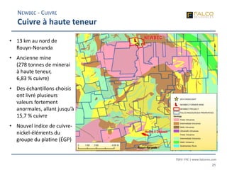 TSXV: FPC | www.falcores.com
21
NEWBEC - CUIVRE
Cuivre à haute teneur
• 13 km au nord de
Rouyn-Noranda
• Ancienne mine
(278 tonnes de minerai
à haute teneur,
6,83 % cuivre)
• Des échantillons choisis
ont livré plusieurs
valeurs fortement
anormales, allant jusqu’à
15,7 % cuivre
• Nouvel indice de cuivre-
nickel-éléments du
groupe du platine (ÉGP)
 