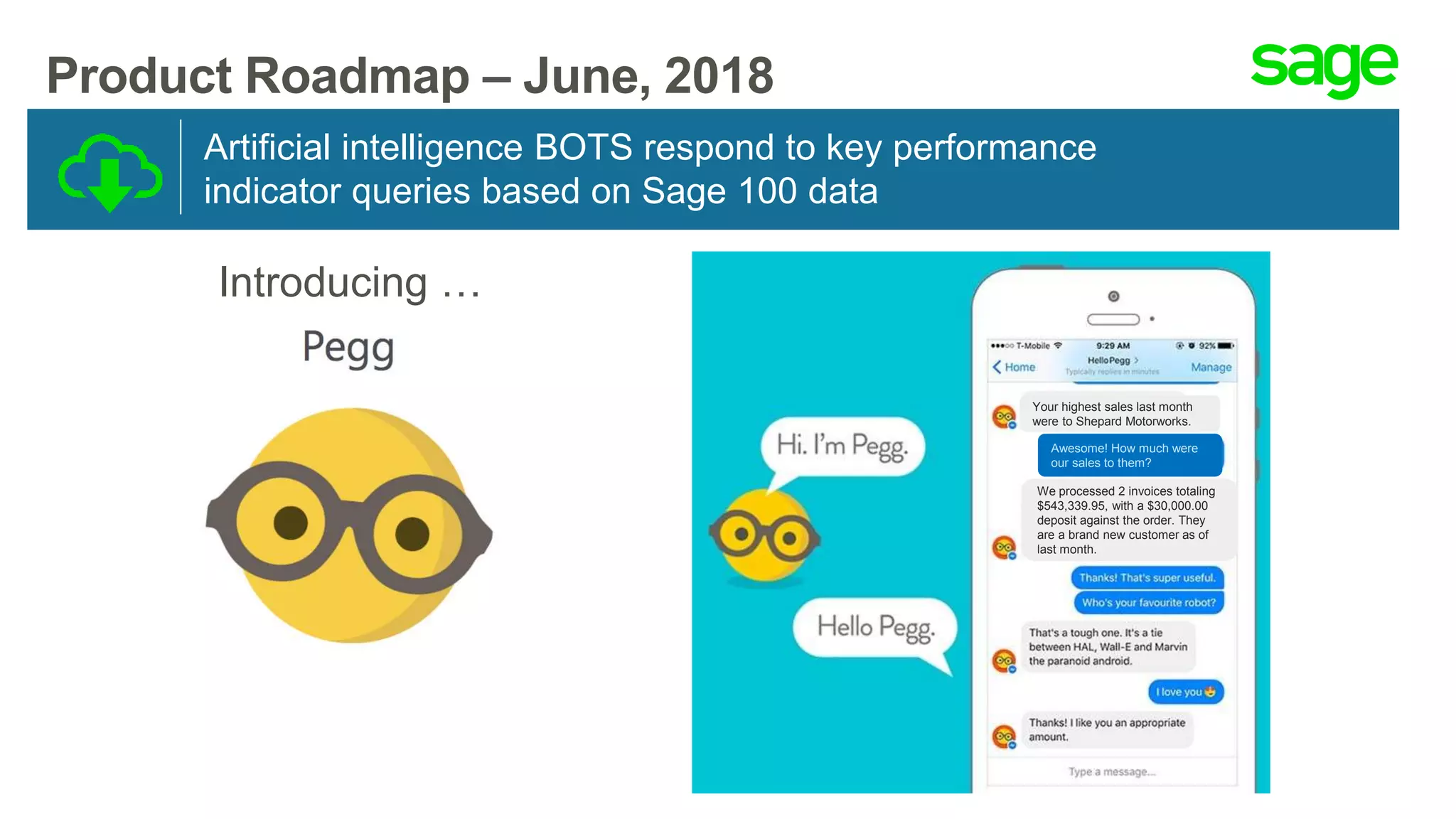 Artificial intelligence BOTS respond to key performance
indicator queries based on Sage 100 data
Your highest sales last month
were to Shepard Motorworks.
Awesome! How much were
our sales to them?
We processed 2 invoices totaling
$543,339.95, with a $30,000.00
deposit against the order. They
are a brand new customer as of
last month.
Introducing …
Product Roadmap – June, 2018
 