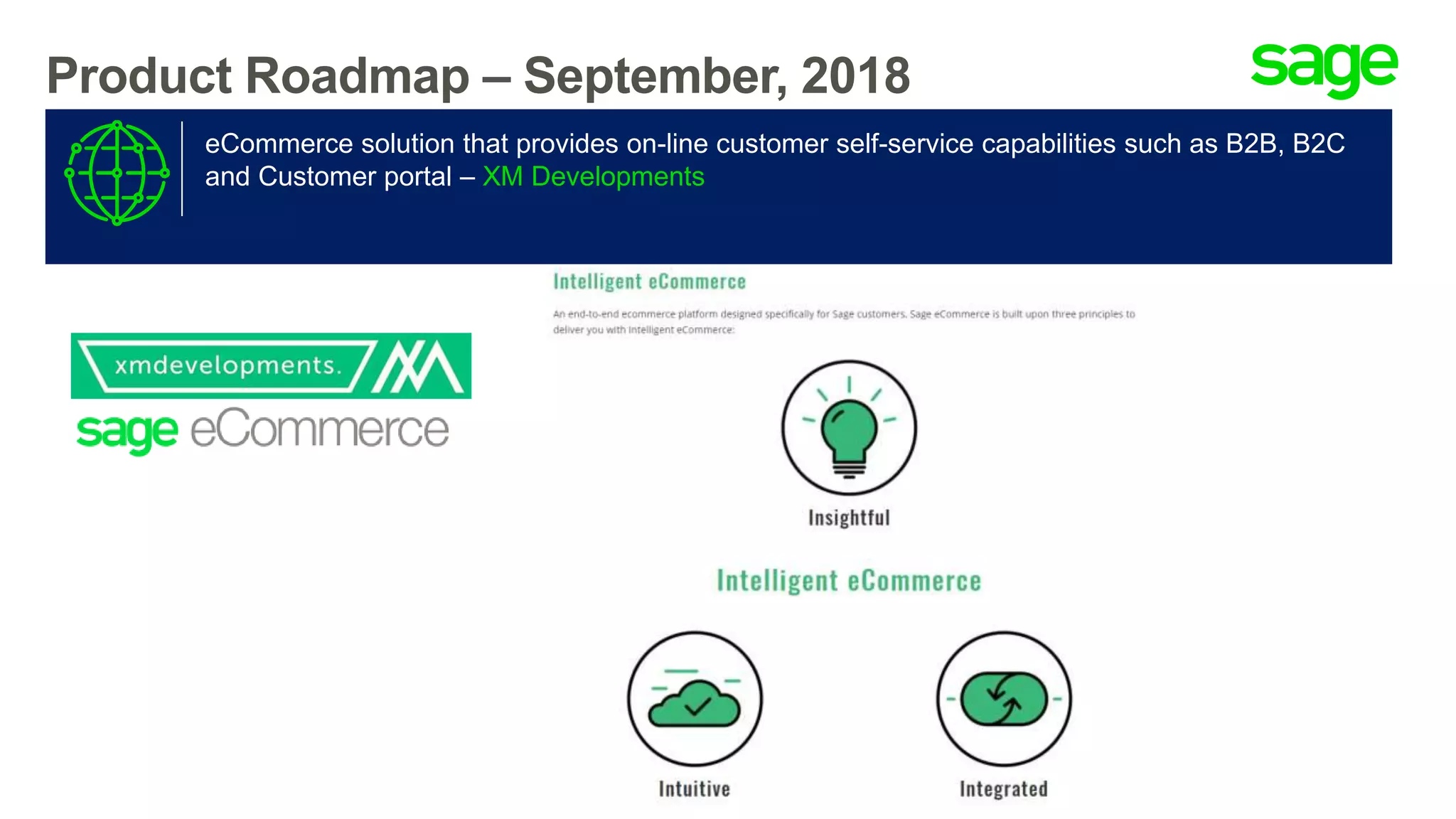 Product Roadmap – September, 2018
eCommerce solution that provides on-line customer self-service capabilities such as B2B, B2C
and Customer portal – XM Developments
 