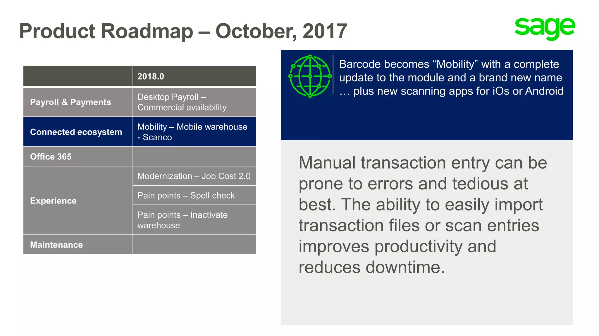 Product Roadmap – October, 2017
Manual transaction entry can be
prone to errors and tedious at
best. The ability to easily import
transaction files or scan entries
improves productivity and
reduces downtime.
Barcode becomes “Mobility” with a complete
update to the module and a brand new name
… plus new scanning apps for iOs or Android
2018.0
Payroll & Payments
Desktop Payroll –
Commercial availability
Connected ecosystem
Mobility – Mobile warehouse
- Scanco
Office 365
Experience
Modernization – Job Cost 2.0
Pain points – Spell check
Pain points – Inactivate
warehouse
Maintenance
 