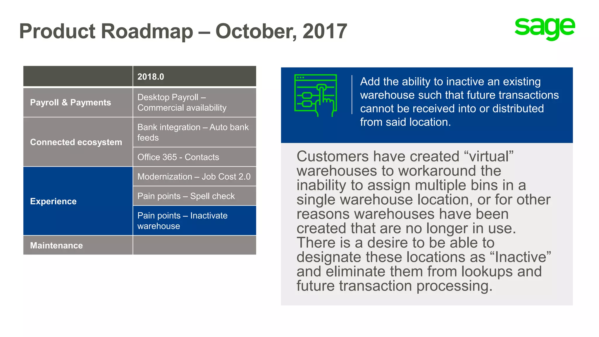 Product Roadmap – October, 2017
Customers have created “virtual”
warehouses to workaround the
inability to assign multiple bins in a
single warehouse location, or for other
reasons warehouses have been
created that are no longer in use.
There is a desire to be able to
designate these locations as “Inactive”
and eliminate them from lookups and
future transaction processing.
Add the ability to inactive an existing
warehouse such that future transactions
cannot be received into or distributed
from said location.
2018.0
Payroll & Payments
Desktop Payroll –
Commercial availability
Connected ecosystem
Bank integration – Auto bank
feeds
Office 365 - Contacts
Experience
Modernization – Job Cost 2.0
Pain points – Spell check
Pain points – Inactivate
warehouse
Maintenance
 