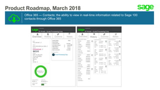 Product Roadmap, March 2018
Office 365 — Contacts; the ability to view in real-time information related to Sage 100
contacts through Office 365
 