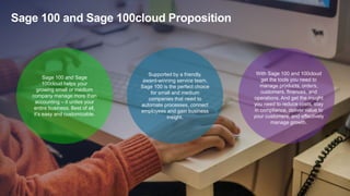 Sage 100 and Sage 100cloud Proposition
Sage 100 and Sage
100cloud helps your
growing small or medium
company manage more than
accounting – it unites your
entire business. Best of all,
it’s easy and customizable.
Supported by a friendly,
award-winning service team,
Sage 100 is the perfect choice
for small and medium
companies that need to
automate processes, connect
employees and gain business
insight.
With Sage 100 and 100cloud
get the tools you need to
manage products, orders,
customers, finances, and
operations. And get the insight
you need to reduce costs, stay
in compliance, deliver value to
your customers, and effectively
manage growth.
 