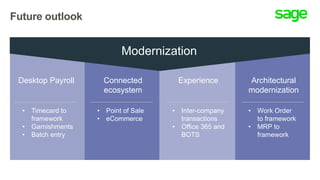 Future outlook
• Timecard to
framework
• Garnishments
• Batch entry
Desktop Payroll
• Point of Sale
• eCommerce
Connected
ecosystem
• Inter-company
transactions
• Office 365 and
BOTS
Experience
• Work Order
to framework
• MRP to
framework
Architectural
modernization
Modernization
 