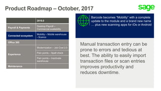 Product Roadmap – October, 2017
Manual transaction entry can be
prone to errors and tedious at
best. The ability to easily import
transaction files or scan entries
improves productivity and
reduces downtime.
Barcode becomes “Mobility” with a complete
update to the module and a brand new name
… plus new scanning apps for iOs or Android
2018.0
Payroll & Payments
Desktop Payroll –
Commercial availability
Connected ecosystem
Mobility – Mobile warehouse
- Scanco
Office 365
Experience
Modernization – Job Cost 2.0
Pain points – Spell check
Pain points – Inactivate
warehouse
Maintenance
 