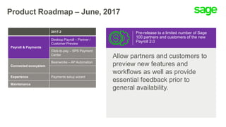 Product Roadmap – June, 2017
Pre-release to a limited number of Sage
100 partners and customers of the new
Payroll 2.0
Allow partners and customers to
preview new features and
workflows as well as provide
essential feedback prior to
general availability.
2017.2
Payroll & Payments
Desktop Payroll – Partner /
Customer Preview
Click-to-pay – SPS Payment
Center
Connected ecosystem
Beanworks – AP Automation
Experience Payments setup wizard
Maintenance
 
