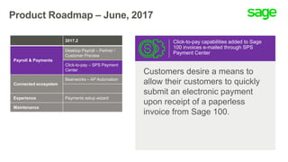 Product Roadmap – June, 2017
Click-to-pay capabilities added to Sage
100 invoices e-mailed through SPS
Payment Center
Customers desire a means to
allow their customers to quickly
submit an electronic payment
upon receipt of a paperless
invoice from Sage 100.
2017.2
Payroll & Payments
Desktop Payroll – Partner /
Customer Preview
Click-to-pay – SPS Payment
Center
Connected ecosystem
Beanworks – AP Automation
Experience Payments setup wizard
Maintenance
 
