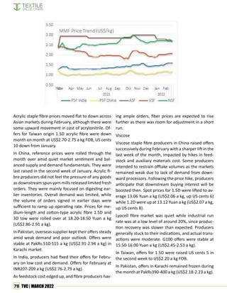 78 TVC | MARCH 2022
Acrylic staple fibre prices moved flat to down across
Asian markets during February, although there were
some upward movement in cost of acrylonitrile. Of-
fers for Taiwan origin 1.5D acrylic fibre were down
month on month at US$2.70-2.75 a kg FOB, US cents
10 down from January.
In China, reference prices were rolled through the
month over amid quiet market sentiment and bal-
anced supply and demand fundamentals. They were
last raised in the second week of January. Acrylic fi-
bre producers did not feel the pressure of any goods
as downstream spun yarn mills released limited fresh
orders. They were mainly focused on digesting ear-
lier inventories. Overall demand was limited, while
the volume of orders signed in earlier days were
sufficient to ramp up operating rate. Prices for me-
dium-length and cotton-type acrylic fibre 1.5D and
3D tow were rolled over at 18.20-18.50 Yuan a kg
(US$2.86-2.91 a kg).
In Pakistan, overseas supplier kept their offers steady
amid weak demand and poor outlook. Offers were
stable at PakRs.510-515 a kg (US$2.91-2.94 a kg) in
Karachi market.
In India, producers had fixed their offers for Febru-
ary on low cost and demand. Offers for February at
INR207-209 a kg (US$2.76-2.79 a kg).
As feedstock cost edged up, and fibre producers hav-
ing ample orders, fiber prices are expected to rise
further as there was room for adjustment in a short
run.
Viscose
Viscose staple fibre producers in China raised offers
successively during February with a sharper lift in the
last week of the month, impacted by hikes in feed-
stock and auxiliary materials cost. Some producers
intended to restrain offtake volumes as the markets
remained weak due to lack of demand from down-
ward processors. Following the price hike, producers
anticipate that downstream buying interest will be
boosted then. Spot prices for 1.5D were lifted to av-
erage 13.06 Yuan a kg (US$2.06 a kg, up US cents 6)
while 1.2D were up at 13.12 Yuan a kg (US$2.07 a kg,
up US cents 8).
Lyocell fibre market was quiet while industrial run
rate was at a low level of around 20%, since produc-
tion recovery was slower than expected. Producers
generally stuck to their indications, and actual trans-
actions were moderate. G100 offers were stable at
15.50-16.00 Yuan a kg (US$2.45-2.53 a kg).
In Taiwan, offers for 1.5D were raised US cents 5 in
the second week to US$2.20 a kg FOB.
In Pakistan, offers in Karachi remained frozen during
the month at PakRs390-400 a kg (US$2.18-2.23 a kg).
 