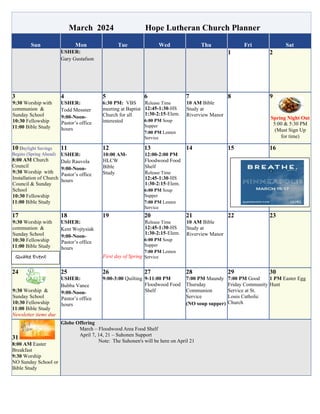 March 2024 Calendar of Events Hope Lutheran Floodwood MN | PDF