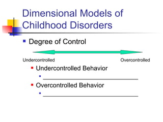 Dimensional Models of Childhood Disorders Degree of Control Undercontrolled Overcontrolled Undercontrolled Behavior ________________________________ Overcontrolled Behavior ________________________________ 