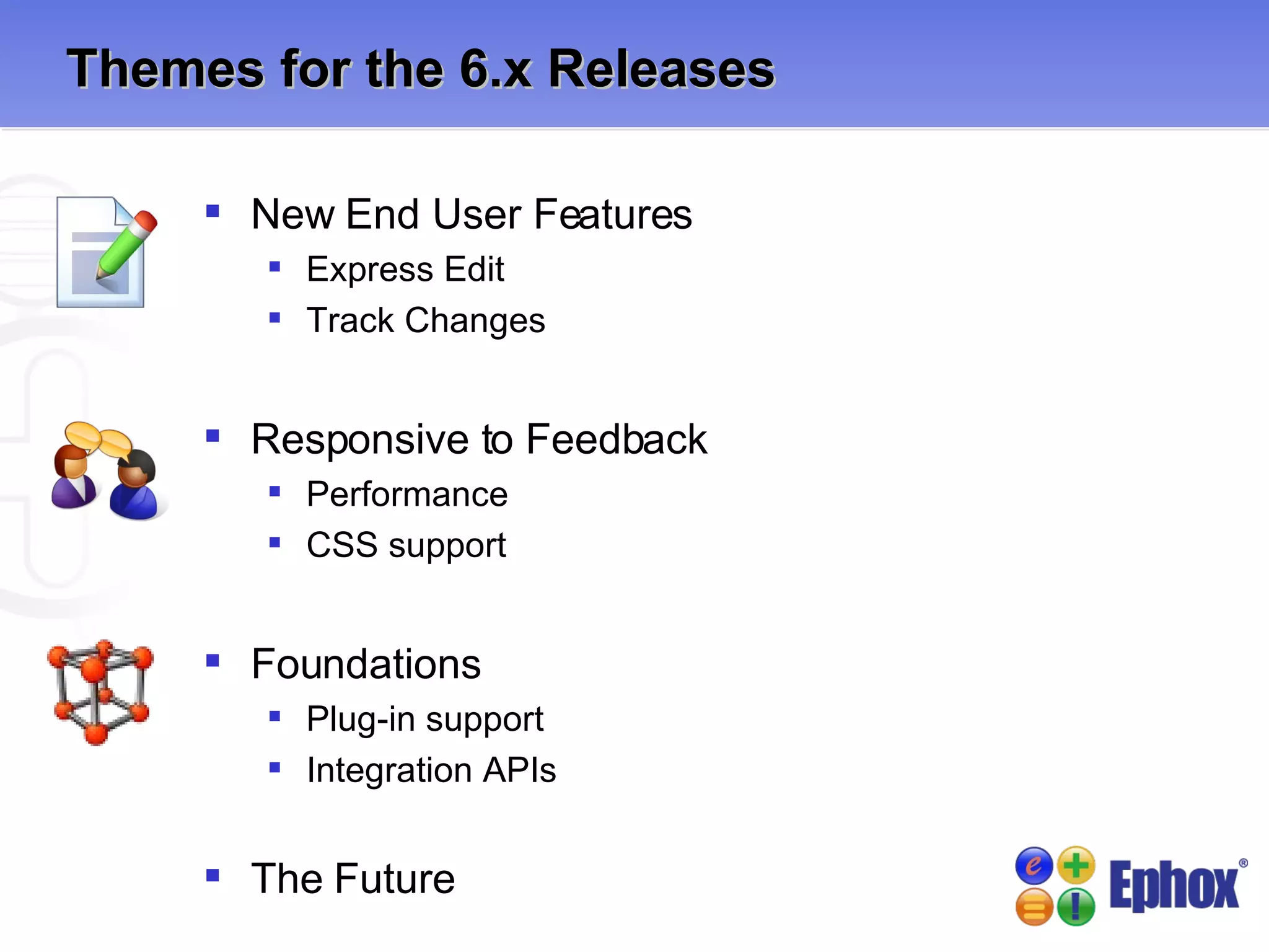 Themes for the 6.x Releases New End User Features Express Edit Track Changes Responsive to Feedback Performance CSS support Foundations Plug-in support Integration APIs The Future 