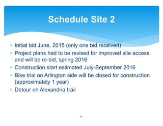 ∗ Initial bid June, 2015 (only one bid received)
∗ Project plans had to be revised for improved site access
and will be re-bid, spring 2016
∗ Construction start estimated July-September 2016
∗ Bike trial on Arlington side will be closed for construction
(approximately 1 year)
∗ Detour on Alexandria trail
Schedule Site 2
14
 