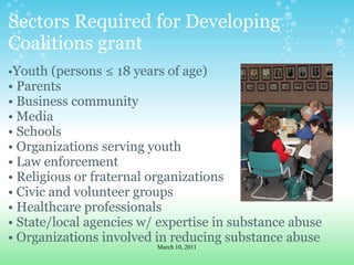 Sectors Required for Developing Coalitions grant •Youth (persons ≤ 18 years of age)• Parents• Business community• Media• Schools• Organizations serving youth• Law enforcement • Religious or fraternal organizations• Civic and volunteer groups• Healthcare professionals• State/local agencies w/ expertise in substance abuse• Organizations involved in reducing substance abuseMarch 10, 2011