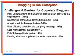 11.Mar.2016 Travel e22 24
Blogging in the EnterpriseBlogging in the Enterprise
Challenges & Barriers for Corporate BloggersChallenges & Barriers for Corporate Bloggers
• Poor understanding of the benefits blogging can deliver to thePoor understanding of the benefits blogging can deliver to the
organization.organization. (58%)(58%)
• MMaaintainingintaining enthusiasm for the blog project (42%)enthusiasm for the blog project (42%)
• Adoption within the organization (36%)Adoption within the organization (36%)
• Fear of losing control of the company message (22%)Fear of losing control of the company message (22%)
• Less management support (18%),Less management support (18%),
• Establishing editorial policy (14%)Establishing editorial policy (14%)
• DealingDealing with inappropriate comments or content (14%)with inappropriate comments or content (14%)
 
