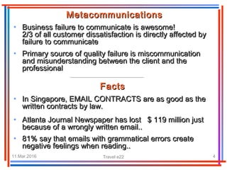 11.Mar.2016 Travel e22 4
• Business failure to communicate is awesome!Business failure to communicate is awesome!
2/3 of all customer dissatisfaction is directly affected by2/3 of all customer dissatisfaction is directly affected by
failure to communicatefailure to communicate
• Primary source of quality failure is miscommunicationPrimary source of quality failure is miscommunication
and misunderstanding between the client and theand misunderstanding between the client and the
professionalprofessional
• In Singapore, EMAIL CONTRACTS are as good as theIn Singapore, EMAIL CONTRACTS are as good as the
written contracts by law.written contracts by law.
• Atlanta Journal Newspaper has lost $ 119 million justAtlanta Journal Newspaper has lost $ 119 million just
because of a wrongly written email..because of a wrongly written email..
• 81% say that emails with grammatical errors create81% say that emails with grammatical errors create
negative feelings when reading..negative feelings when reading..
MetacommunicationsMetacommunications
FactsFacts
 