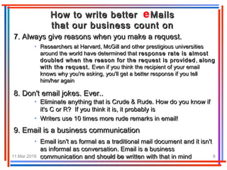 11.Mar.2016 Travel e22 8
7.7. Always give reasons when you make a request.Always give reasons when you make a request.
• Researchers at Harvard, McGill and other prestigious universitiesResearchers at Harvard, McGill and other prestigious universities
around the world have determined thataround the world have determined that response rate is almostresponse rate is almost
doubled when the reason for the request is provideddoubled when the reason for the request is provided ,, alongalong
with the request.with the request. Even if you think the recipient of your emailEven if you think the recipient of your email
knows why you're asking, you'll get a better response if you tellknows why you're asking, you'll get a better response if you tell
him/her againhim/her again
How to write better MailsHow to write better Mails
that our business count onthat our business count on
8.8. Don't email jokes. Ever..Don't email jokes. Ever..
• Eliminate anything that is Crude & Rude. How do you know ifEliminate anything that is Crude & Rude. How do you know if
it's C or R?it's C or R? If you think it is, it probably isIf you think it is, it probably is
• Writers use 10 times more rude remarks in email!Writers use 10 times more rude remarks in email!
9. Email is a business communication9. Email is a business communication
• Email isn't as formal as a traditional mail document and it isn'tEmail isn't as formal as a traditional mail document and it isn't
as informal as conversation. Email is a businessas informal as conversation. Email is a business
communication and should be written with that in mindcommunication and should be written with that in mind
 