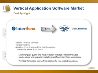 26
Vertical Application Software Market
2.8x
13.7x
Deal Spotlight
EV
Sales
Corum Analysis
EV
EBITDA
Since Q4
Movement to SaaS
helps maintain
strength in face of
market pullback.
Decline in value of
profits takes metric
back to October
2013 levels.
Feb. 2014
Sold to
Sector: Financial Services
Target: Interthinx
Acquirer: First American Financial Corporation
Transaction Value: $155 million
- Loan mortgage quality and fraud detection analytics software that uses
public, private and proprietary data to detect fraud risk in loan applications.
- Provides them with a start to finish solution for real estate transactions.
 