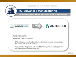 47
Modernizing Industries with Tomorrow’s Technology
#3: Advanced Manufacturing
Sold to
Target: Airstone Labs
Acquirer: Autodesk, Inc.
Transaction Value: Undisclosed
- CAD and object modeling SaaS that enables businesses to create designs
that can be printed on 3D printers.
- Helps broaden the popular Autodesk 123D family of apps and helps revive
the Tinkercad service and community.
Corum Top Ten Tech Trends - Creation
 