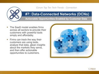 53
Actionable Opportunities Enabled by Customer Data
#7: Data-Connected Networks (DCNs)
 The SaaS model enables firms
across all sectors to provide their
customers with powerful tools
simply and affordably.
 Firms can track the way their
customers are using tools,
analyze that data, glean insights
about the markets they serve,
and then offer actionable
opportunities to customers.
Corum Top Ten Tech Trends - Connection
 