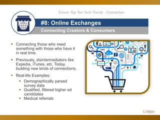 54
Connecting Creators & Consumers
#8: Online Exchanges
 Connecting those who need
something with those who have it
in real time.
 Previously, disintermediators like
Expedia, iTunes, etc. Today,
building new kinds of connections.
 Real-life Examples:
 Demographically parsed
survey data
 Qualified, filtered higher ed
candidates
 Medical referrals
Corum Top Ten Tech Trends - Connection
 