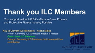 Thank you ILC Members
Your support makes IHRSA’s efforts to Grow, Promote
and Protect the Fitness Industry Possible
Key to Current ILC Members - next 2 slides
White: Renewing ILC Members Health & Fitness
Green: New ILC Members
Orange: Renewing ILC Members that increased their
contribution
 