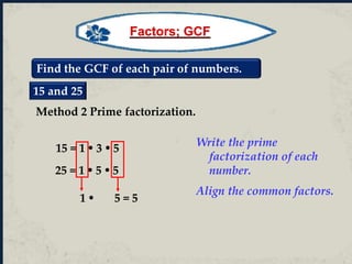 Find the GCF of each pair of numbers.
15 and 25
25 = 1  5  5
Write the prime
factorization of each
number.
Align the common factors.
1  5 = 5
15 = 1  3  5
Method 2 Prime factorization.
Factors; GCF
 