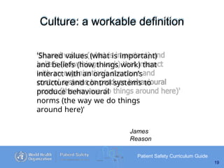Culture: a workable definition
'Shared values (what is important)
and beliefs (how things work) that
interact with an organization’s
structure and control systems to
produce behavioural
norms (the way we do things
around here)'
James
Reason
Patient Safety Curriculum Guide
19
 