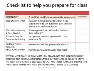 Checklist to help you prepare for class EDU 539 -  March 18, 2010 WE WILL MEET IN AC 130. REMEMBER I AM AN ADJUNCT AND ALTHOUGH I HAVE RESERVED THIS ROOM, I AM OFTEN BUMPED OUT SO PLEASE BE READY TO MOVE This room will provide us a good space to SPLIT THE TABLES INTO A BIG O SHAPE (THE TABLES SPLIT IN HALF AND WE’LL SPREAD THEM OUT SO WE CAN CONVENE ASSIGNMENT A tool that could help you complete assignment Completed Read Shelley’s letter An open mind and email to Shelley if you would prefer to talk outside of class to share concerns in a different forum  Watch Documentary,  A Class Divided Viewing guide that I included in the letter  (see slides 4-7) Six word story for Community Building  Assignment descriptor provided in class  (see slide 8) Portfolio Project Research See Research Guide (green table, slide 14) READ POWERPOINT SO YOU ARE FAMILIAR WITH SEQUENCE 