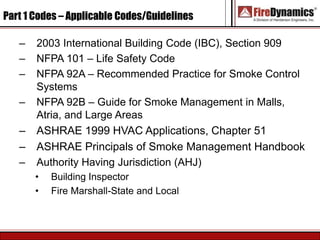 Part 1 Codes – Applicable Codes/Guidelines
– 2003 International Building Code (IBC), Section 909
– NFPA 101 – Life Safety Code
– NFPA 92A – Recommended Practice for Smoke Control
Systems
– NFPA 92B – Guide for Smoke Management in Malls,
Atria, and Large Areas
– ASHRAE 1999 HVAC Applications, Chapter 51
– ASHRAE Principals of Smoke Management Handbook
– Authority Having Jurisdiction (AHJ)
• Building Inspector
• Fire Marshall-State and Local
 