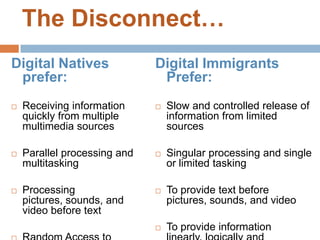 The Disconnect…Digital Natives prefer:Receiving information quickly from multiple multimedia sourcesParallel processing and multitaskingProcessing pictures, sounds, and video before textRandom Access to hyperlinked multimedia informationDigital Immigrants Prefer:Slow and controlled release of information from limited sourcesSingular processing and single or limited taskingTo provide text before pictures, sounds, and videoTo provide information linearly, logically and sequentially